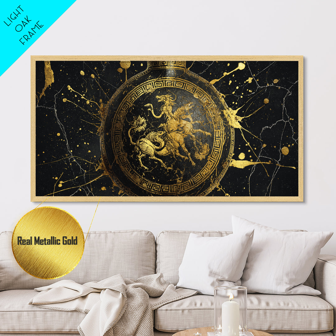 Greek Amphora Mythological Battle Scene, Metallic Gold Art, Ancient Greek Pottery Design, Classic Museum Style Wall Decor Print
