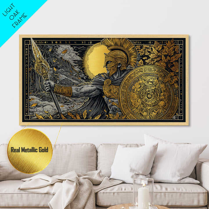 Ares Greek Warrior God With Spear And Shield, Metallic Gold Art, Heroic Mythological Wall Decor, Luxury Classical Home Accent