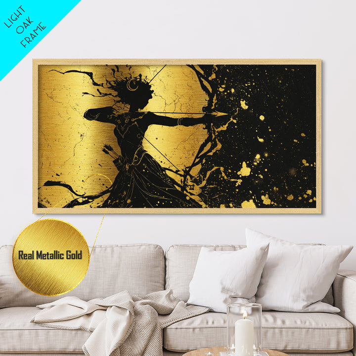 Artemis Goddess Of The Hunt And Moon, Metallic Gold Art, Elegant Greek Mythology Wall Decor, Celestial Classical Home Accent