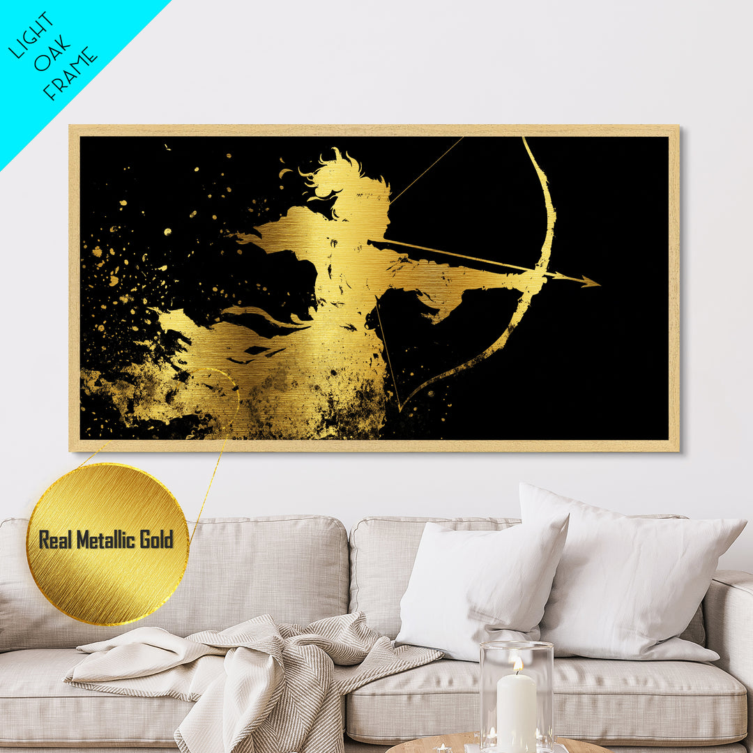 Artemis Greek Huntress Goddess Silhouette, Metallic Gold Metal Print, Moonlit Mythology Wall Art, Elegant Classic Home Design