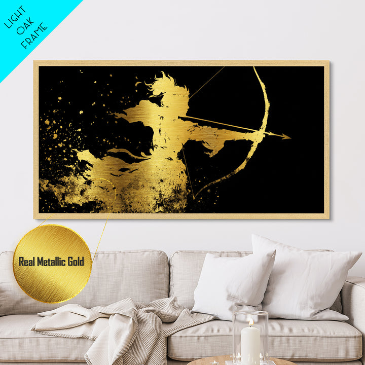 Artemis Greek Huntress Goddess Silhouette, Metallic Gold Metal Print, Moonlit Mythology Wall Art, Elegant Classic Home Design