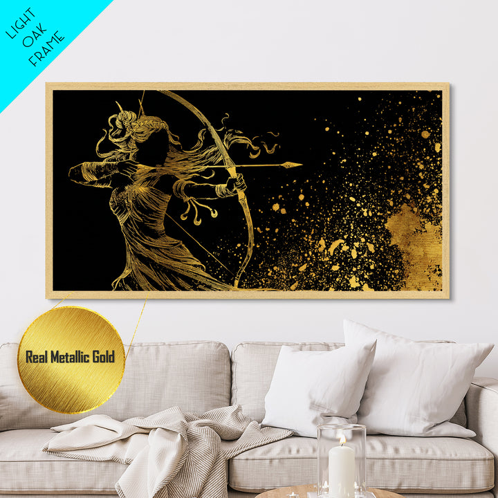 Artemis Greek Goddess Archer Silhouette, Metallic Gold Art, Celestial Mythology Wall Decor, Elegant Classical Home Accent Piece
