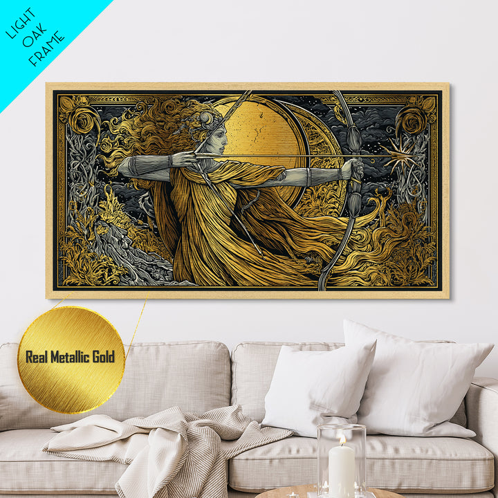 Artemis Goddess Archer With Golden Moon, Metallic Gold Metal Print, Greek Mythology Wall Art, Classic Elegant Home Decor Piece