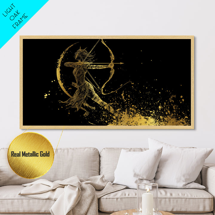 Metallic Gold Art Of Artemis Greek Goddess Archer, Black Background, Elegant Moon And Bow Design, Panoramic Mythology Wall Art