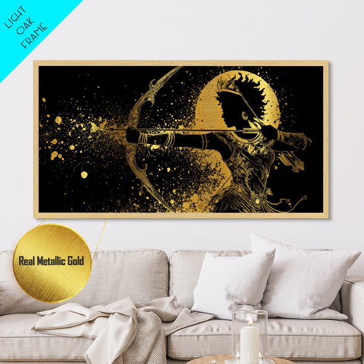 Metallic Gold Metal Print Of Artemis Greek Goddess Archer, Regal Profile, Detailed Bow And Arrow, Panoramic Fantasy Wall Decor