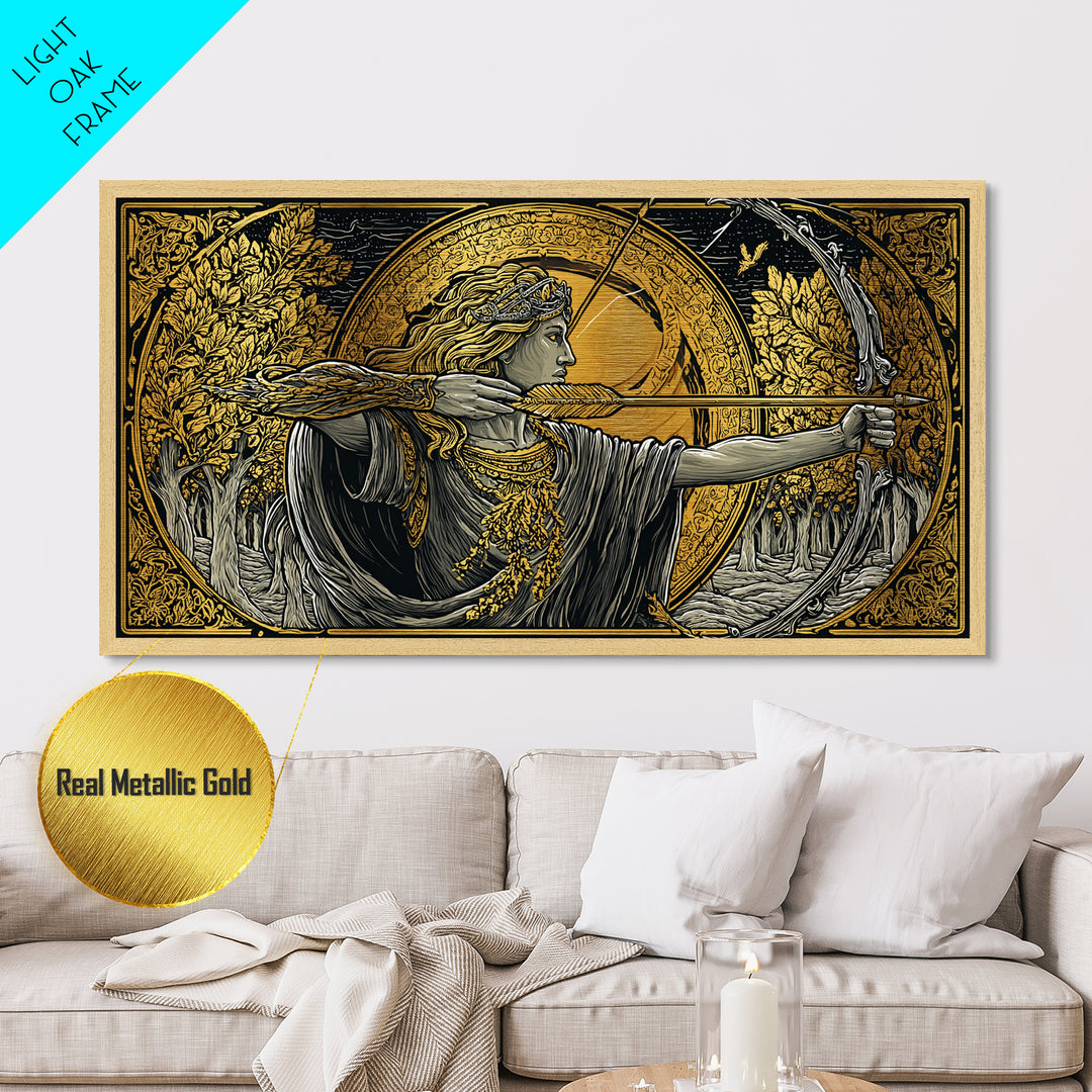 Metallic Gold Art Of Artemis Greek Goddess Archer, Classical Ornate Frame, Mythological Forest Scene, Panoramic Greek Wall Print