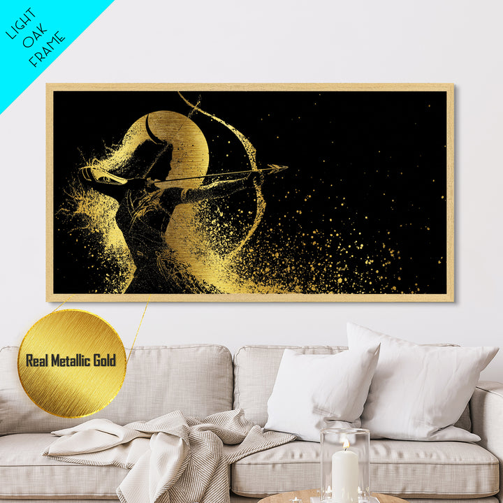 Metallic Gold Metal Print Of Artemis Greek Goddess Archer, Full Moon Silhouette, Gold Splatter Effect, Panoramic Elegant Wall Art