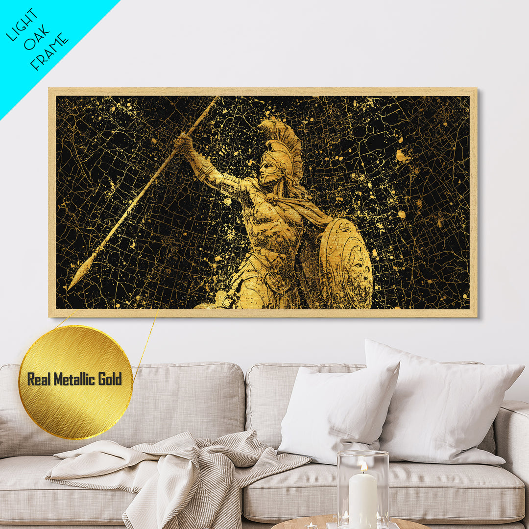 Metallic Gold Art Of Athena Greek Goddess Warrior, Ancient Greek Armor And Spear, Gold Splatter Mosaic, Panoramic Battle Wall Print