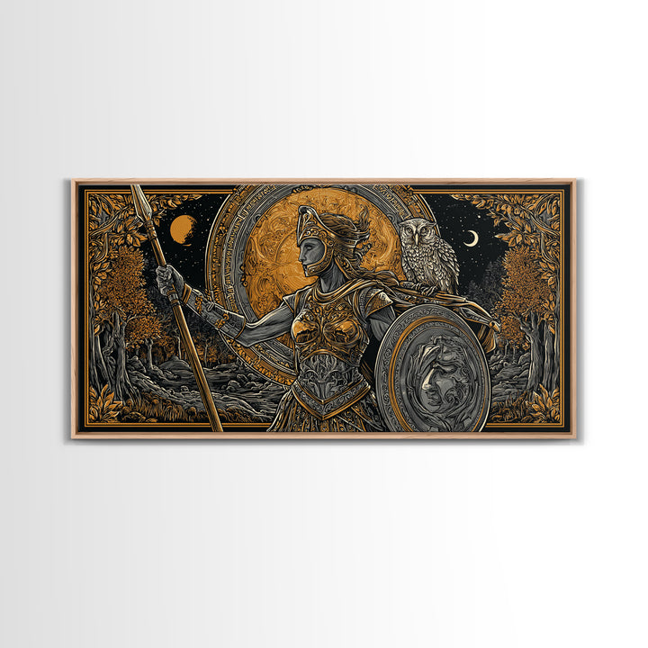 Gold Canvas Print Of Athena Greek Goddess Warrior, Ornate Armor And Owl, Mythology Forest Scene, Panoramic Greek Wall Decor