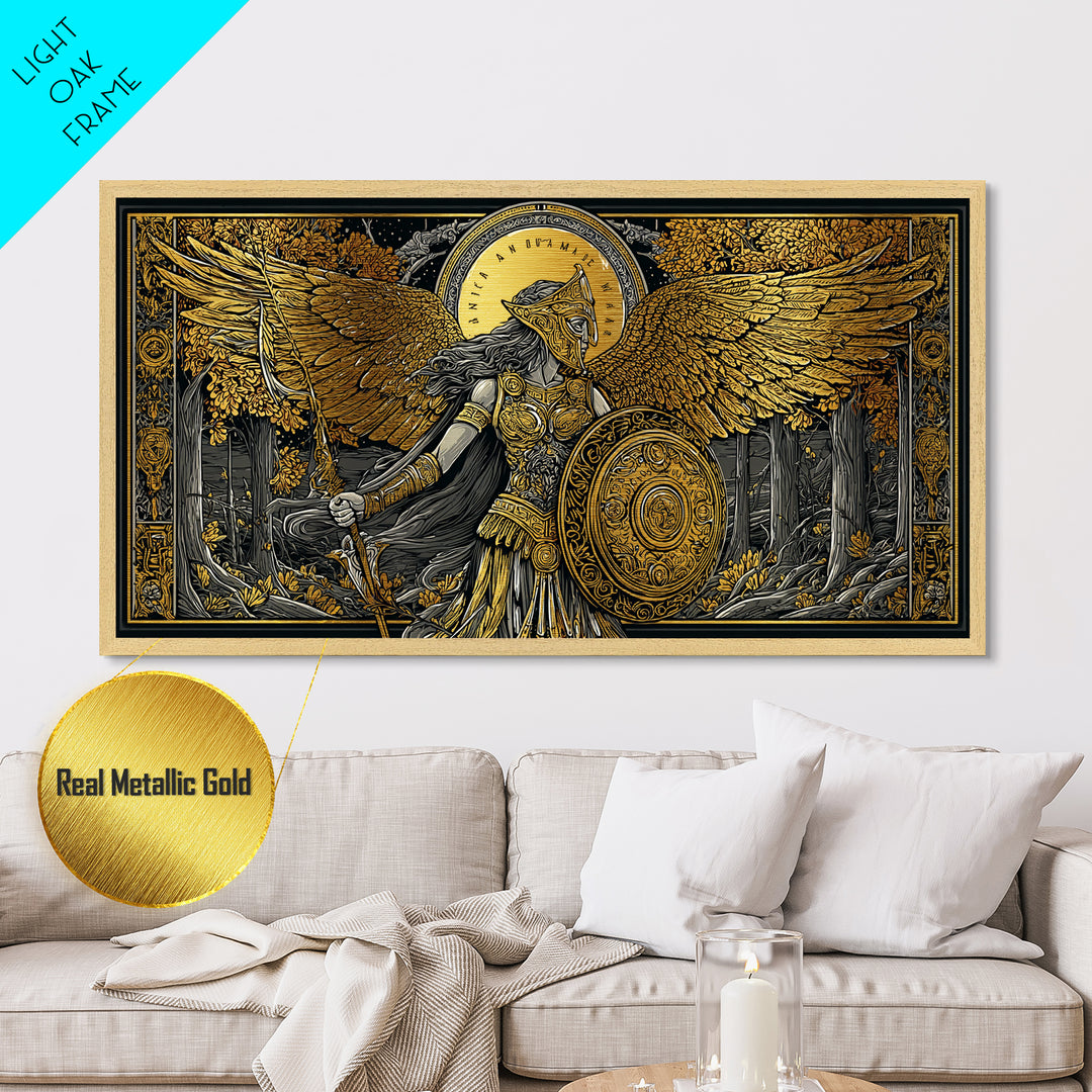 Metallic Gold Art Of Athena Greek Goddess Warrior With Wings, Detailed Shield And Spear, Golden Forest Scene, Panoramic Wall Print