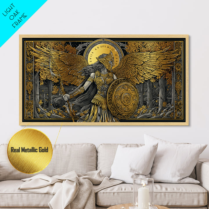 Metallic Gold Art Of Athena Greek Goddess Warrior With Wings, Detailed Shield And Spear, Golden Forest Scene, Panoramic Wall Print