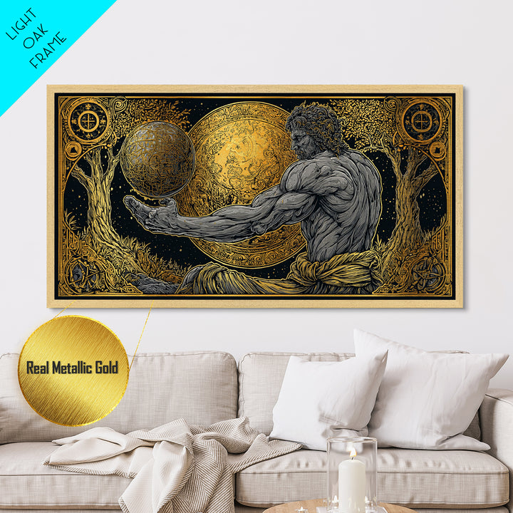 Metallic Gold Metal Print Of Atlas Greek Titan Holding Celestial Sphere, Mythology Cosmic Scene, Panoramic Detailed Greek Wall Art