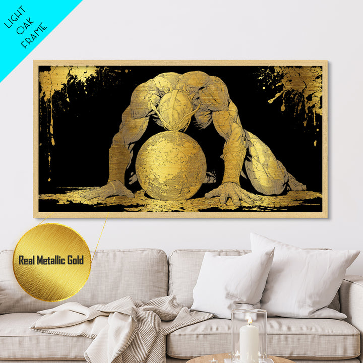 Metallic Gold Art Of Atlas Greek Titan Bearing The World, Gold Crackle Effect, Mythology Strength Scene, Panoramic Ancient Wall Print