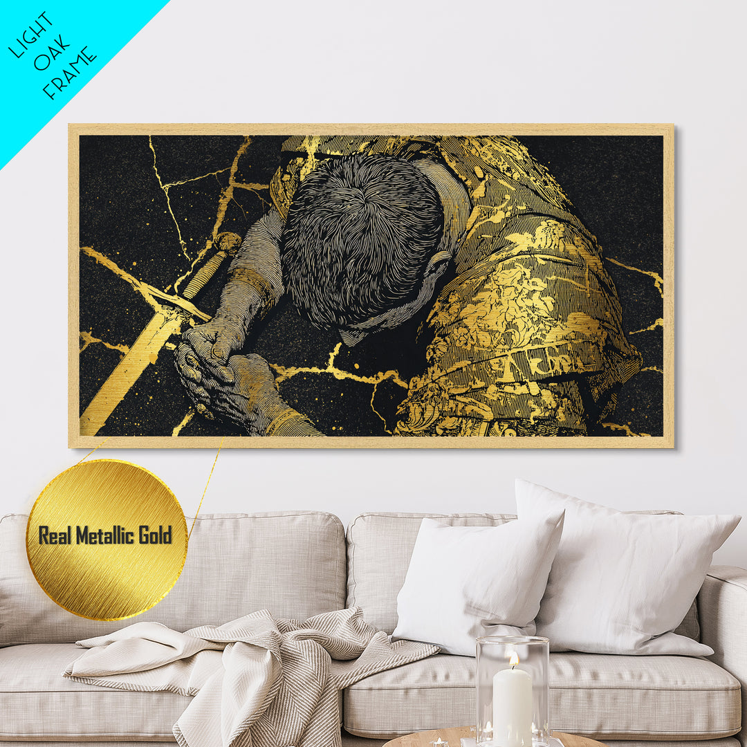 Metallic Gold Metal Print Of Cassius Greek Warrior Kneeling With Sword, Gold Crackle Armor Detail, Panoramic Mythology Wall Artwork
