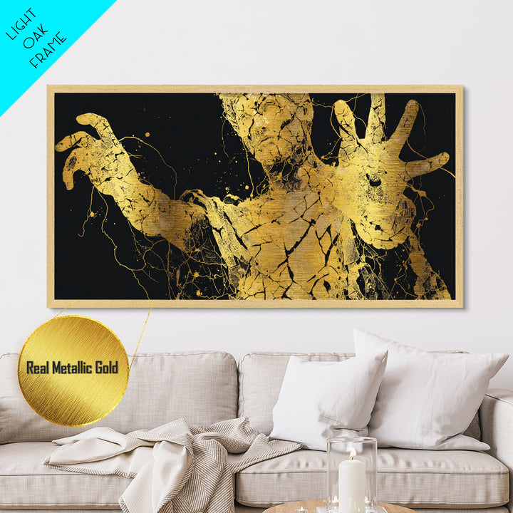 Metallic Gold Art, Colossus Greek Titan, Mythological Warrior Wall Decor, Black and Gold Metal Print, Ancient Greece Home Accent