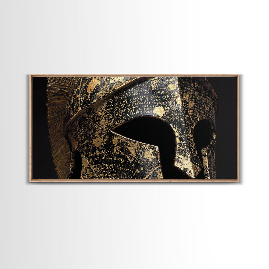 Gold Canvas Print, Corinthian Greek Helmet, Ancient Warrior Armor Wall Art, Black and Gold Historical Decor, Mythic Design