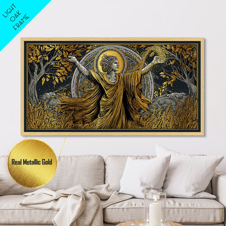Metallic Gold Art, Demeter Goddess of Harvest, Greek Mythology Wall Decor, Ancient Agriculture Theme, Black and Gold Metal Artwork