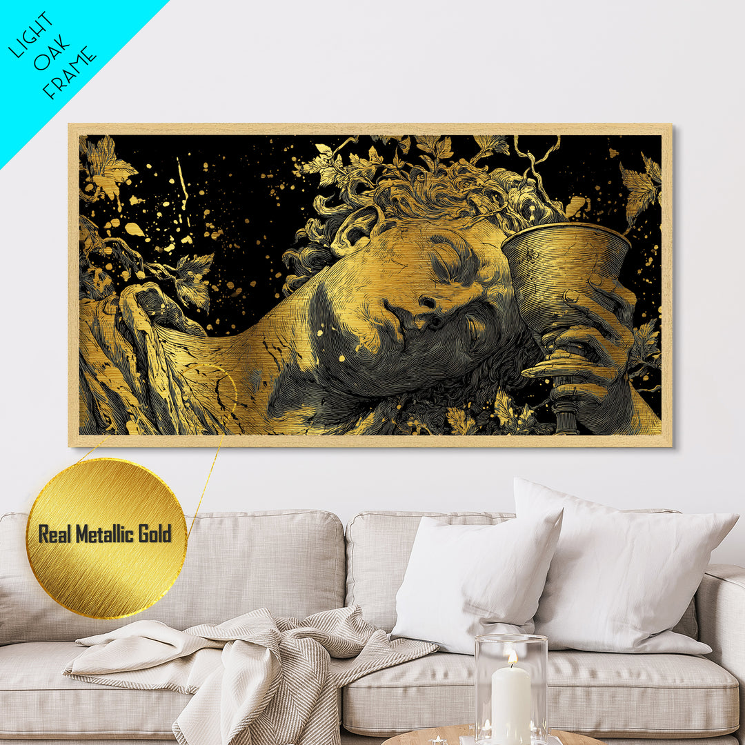 Metallic Gold Metal Print, Dionysus God of Wine, Greek Mythology Art, Ancient Feast Celebration, Black and Gold Decorative Artwork