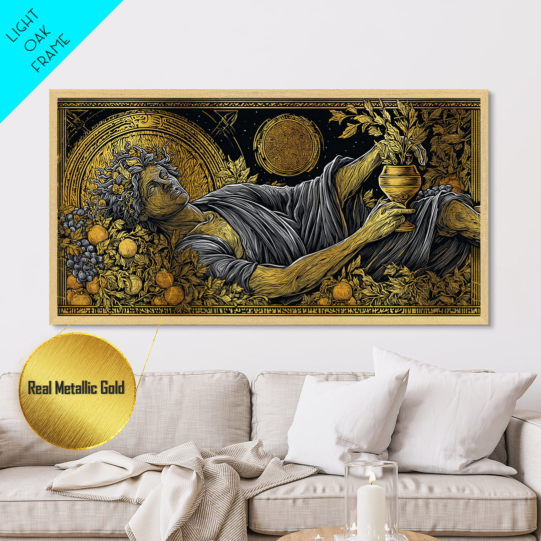 Metallic Gold Art, Dionysus God of Revelry, Greek Mythology Wall Art, Bacchus Celebration Scene, Black and Gold Luxury Metal Print