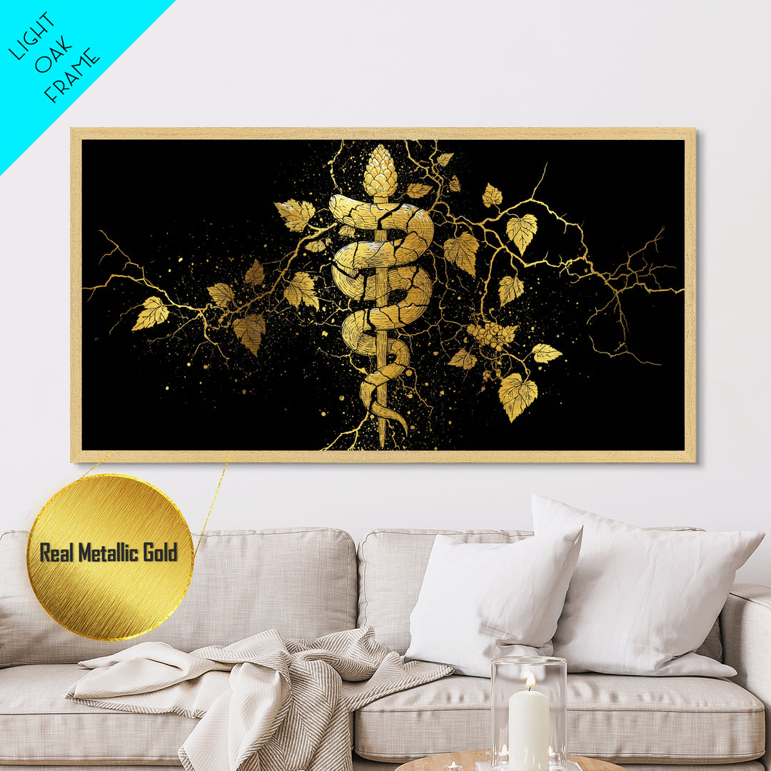 Metallic Gold Metal Print, Dionysus with Grapes, Greek God of Wine Wall Decor, Ancient Myth Celebration Art, Black and Gold Artwork
