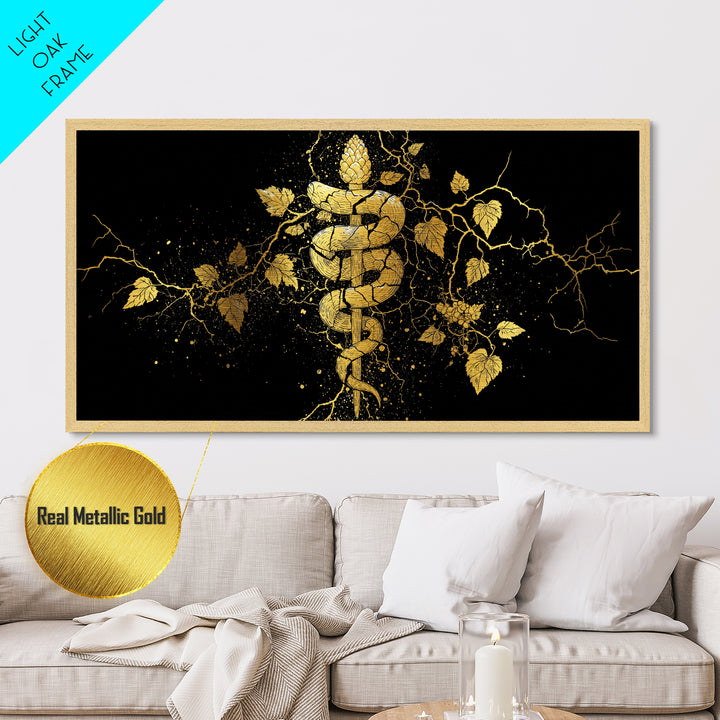 Metallic Gold Metal Print, Dionysus with Grapes, Greek God of Wine Wall Decor, Ancient Myth Celebration Art, Black and Gold Artwork