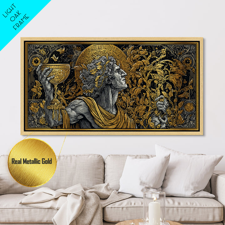 Metallic Gold Art, Dionysus God of Ecstasy, Greek Mythology Wall Scene, Bacchanalia Festival Theme, Black and Gold Metal Wall Print