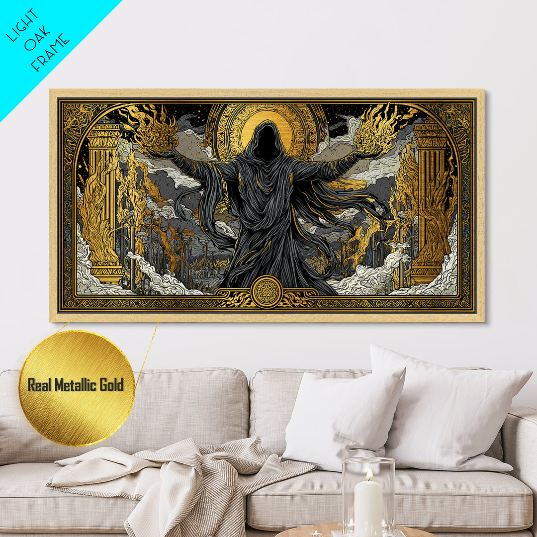 Metallic Gold Art, Erebus God of Darkness, Greek Primordial Deity Wall Scene, Ancient Myth Shadow Theme, Black and Gold Metal Artwork