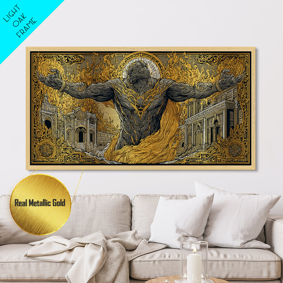 Erebus Metallic Gold Metal Print, Mythical God Artwork, Ancient Greek Wall Art, Real Wood Frame, Luxury Metal Home Decor, Gothic Style