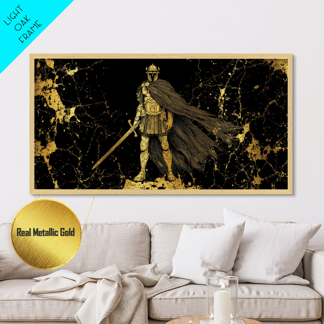 Flavius Metallic Gold Metal Print, Roman Warrior Wall Art, Ancient Soldier Decor, Real Wood Frame, Luxury Metal Artwork For Office