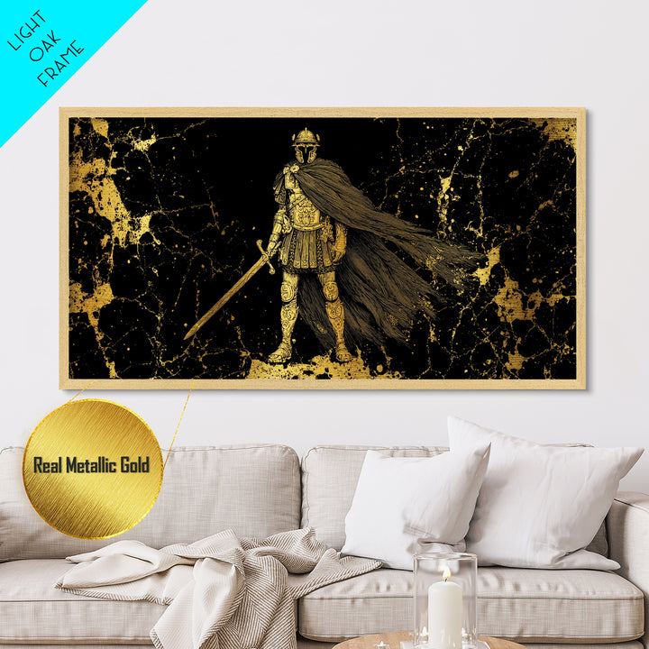 Flavius Metallic Gold Metal Print, Roman Warrior Wall Art, Ancient Soldier Decor, Real Wood Frame, Luxury Metal Artwork For Office
