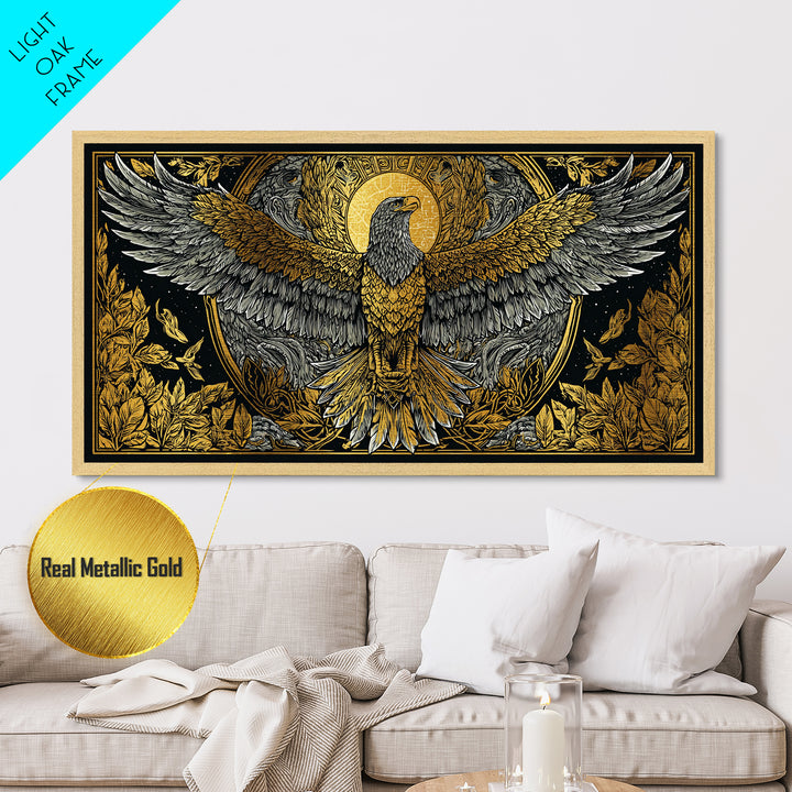 Ganymede Metallic Gold Art, Greek Mythology Metal Print, Eagle God Wall Decor, Real Wood Frame, Luxury Metal Artwork For Home Or Office