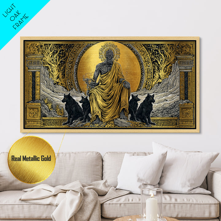 Hades Metallic Gold Metal Print, Greek God Of Underworld Wall Art, Cerberus Mythology Decor, Real Wood Frame, Luxury Metal Wall Hanging