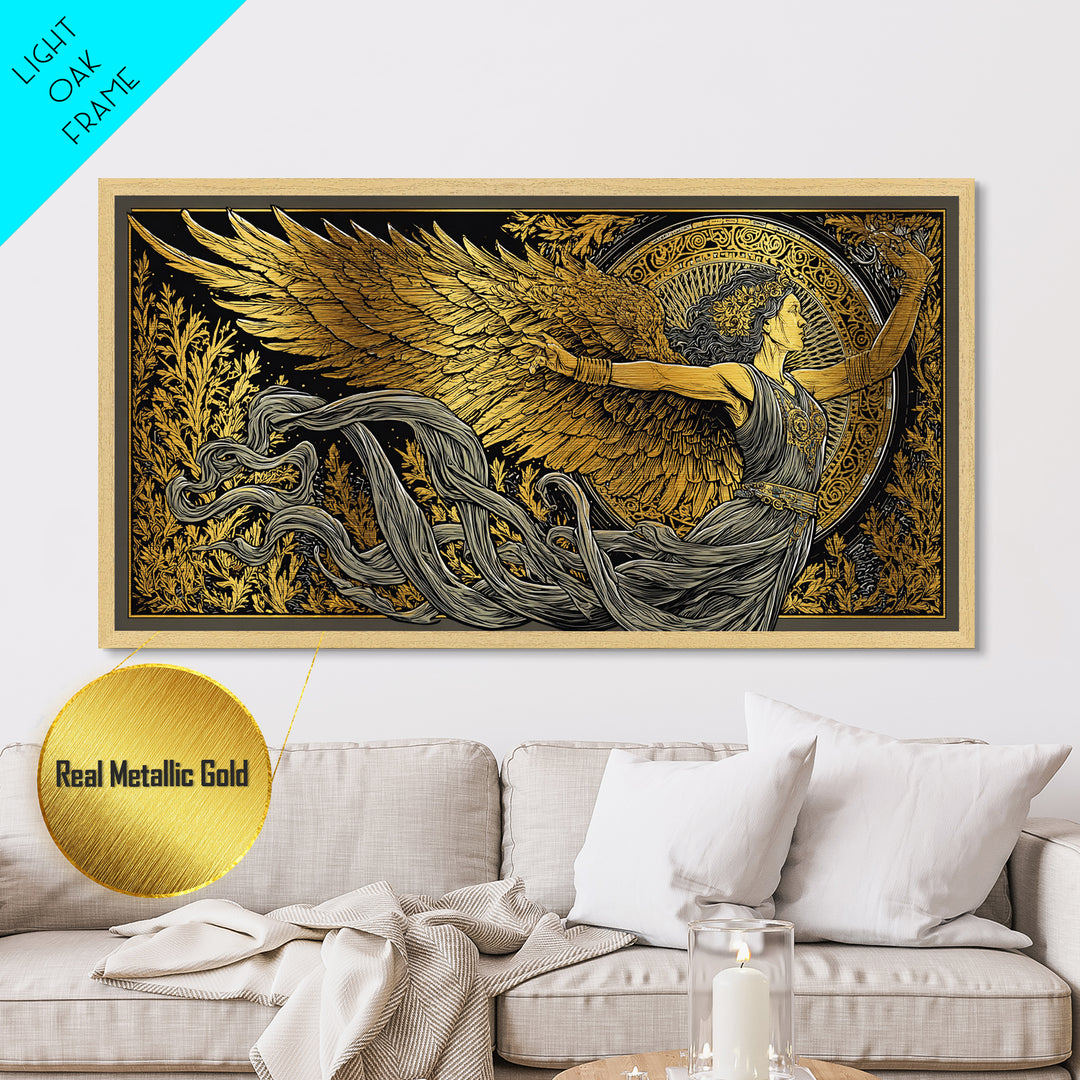 Nike Metallic Gold Metal Print, Greek Goddess Wall Art, Luxury Mythology Decor, Real Wood Frame Artwork, Elegant Gold Winged Art
