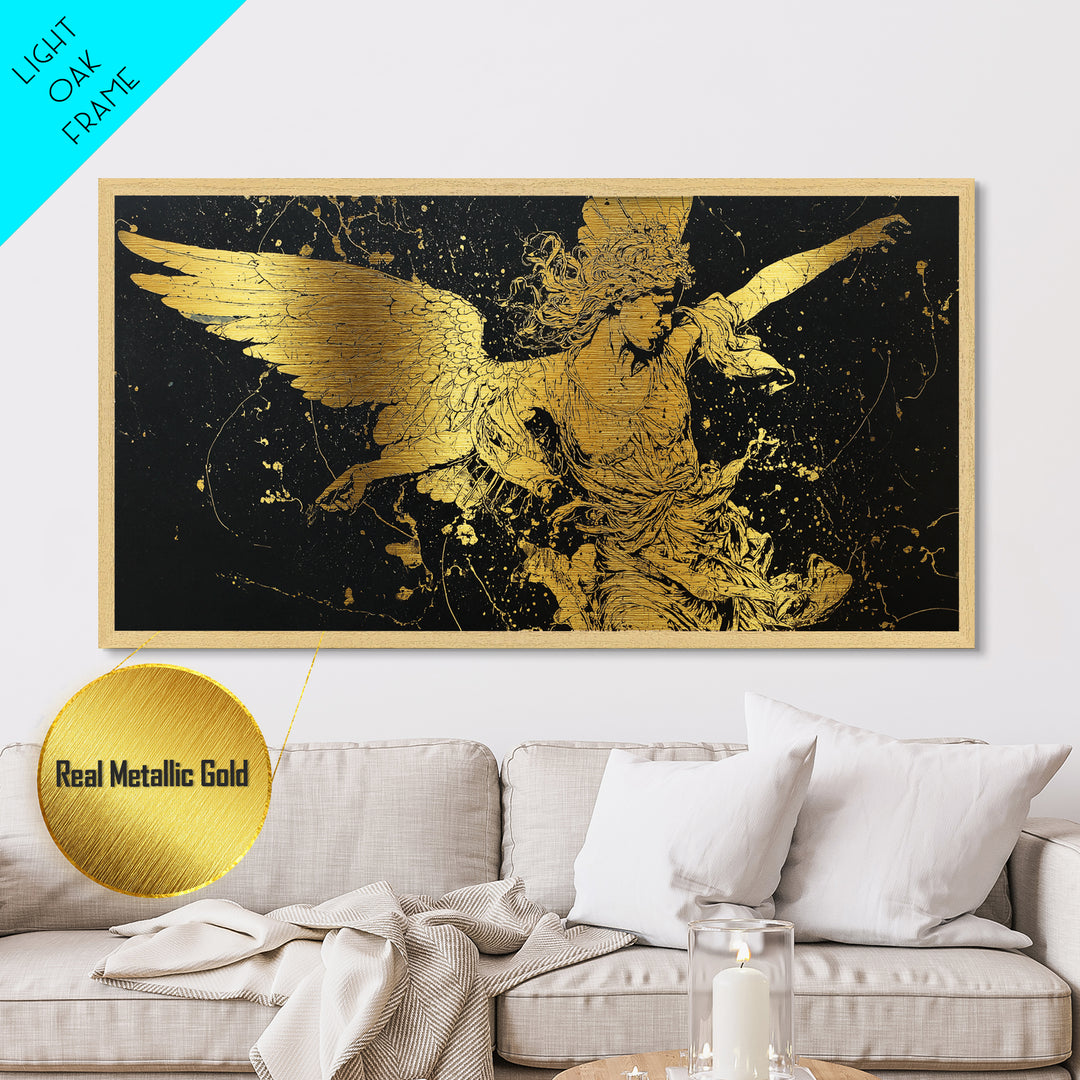 Nike Metallic Gold Art, Greek Goddess Wall Decor, Luxury Mythology Wall Hanging, Real Wood Frame Print, Gold Winged Figure Artwork