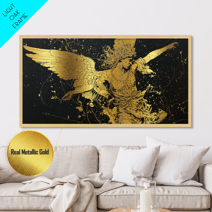 Nike Metallic Gold Art, Greek Goddess Wall Decor, Luxury Mythology Wall Hanging, Real Wood Frame Print, Gold Winged Figure Artwork