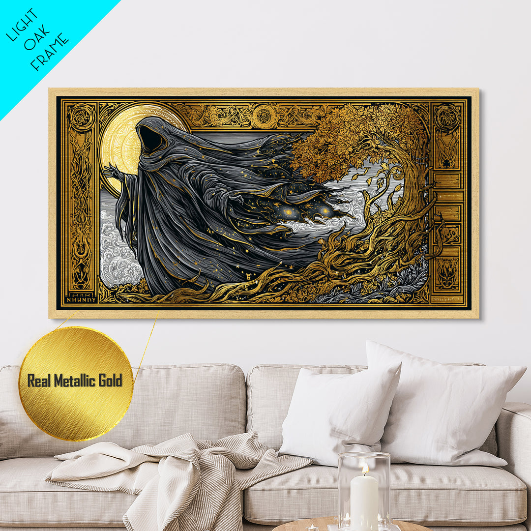 Nyx Metallic Gold Metal Print, Greek Goddess Wall Art, Luxury Mythology Decor, Real Wood Frame Artwork, Elegant Night Goddess Print