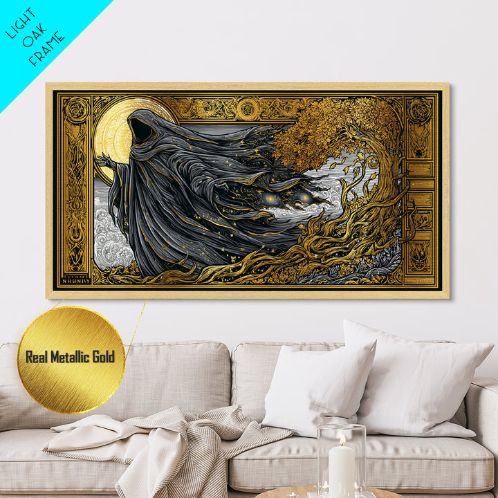 Nyx Metallic Gold Metal Print, Greek Goddess Wall Art, Luxury Mythology Decor, Real Wood Frame Artwork, Elegant Night Goddess Print