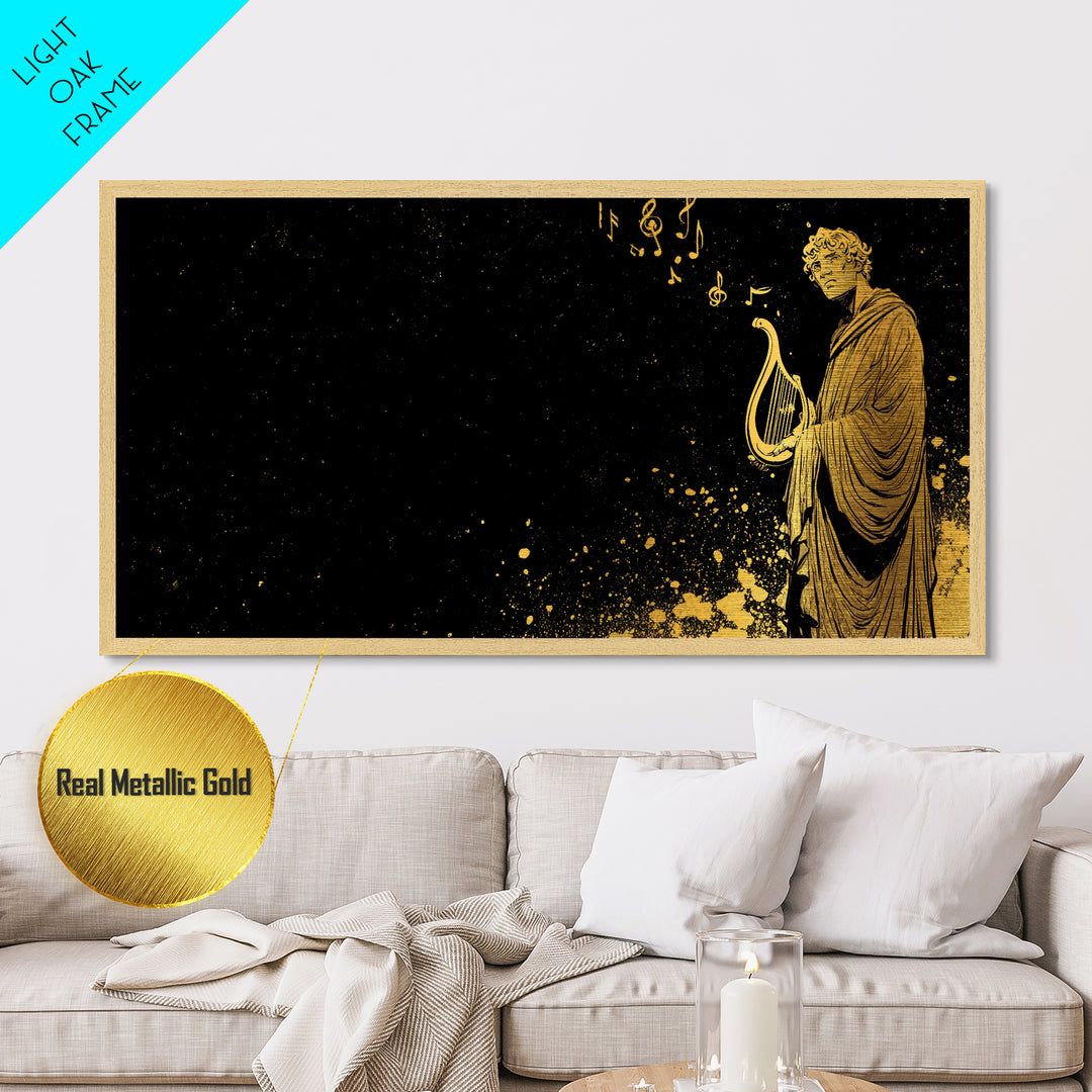 Orpheus Metallic Gold Metal Print, Greek God Wall Art, Luxury Mythology Decor, Real Wood Frame Artwork, Elegant Lyre Musician Artwork