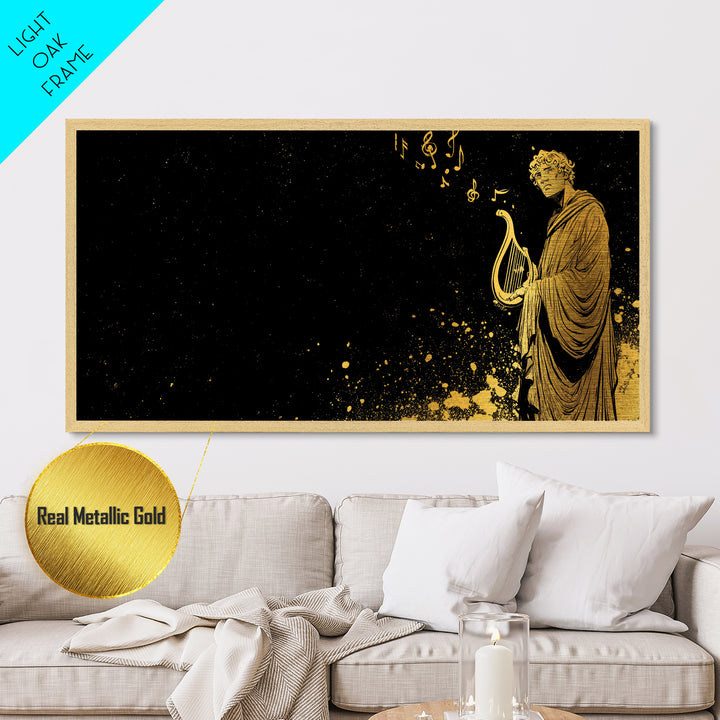 Orpheus Metallic Gold Metal Print, Greek God Wall Art, Luxury Mythology Decor, Real Wood Frame Artwork, Elegant Lyre Musician Artwork