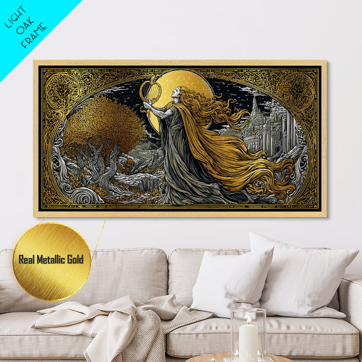 Orpheus Metallic Gold Art, Greek God Wall Decor, Luxury Mythology Wall Hanging, Real Wood Frame Print, Elegant Lyre Musician Wall Art