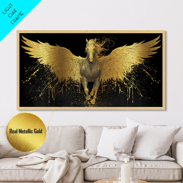 Pegasus Metallic Gold Metal Print, Greek Mythology Wall Art, Luxury Flying Horse Decor, Real Wood Frame Artwork, Elegant Winged Stallion