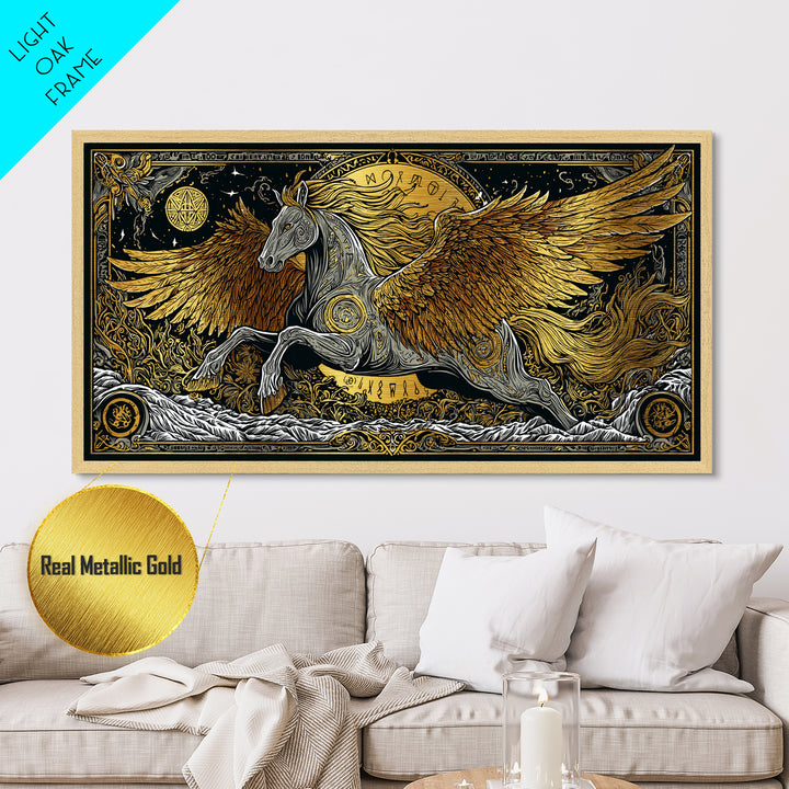 Pegasus Metallic Gold Art, Greek Mythology Wall Decor, Luxury Flying Horse Wall Hanging, Real Wood Frame Print, Elegant Winged Stallion