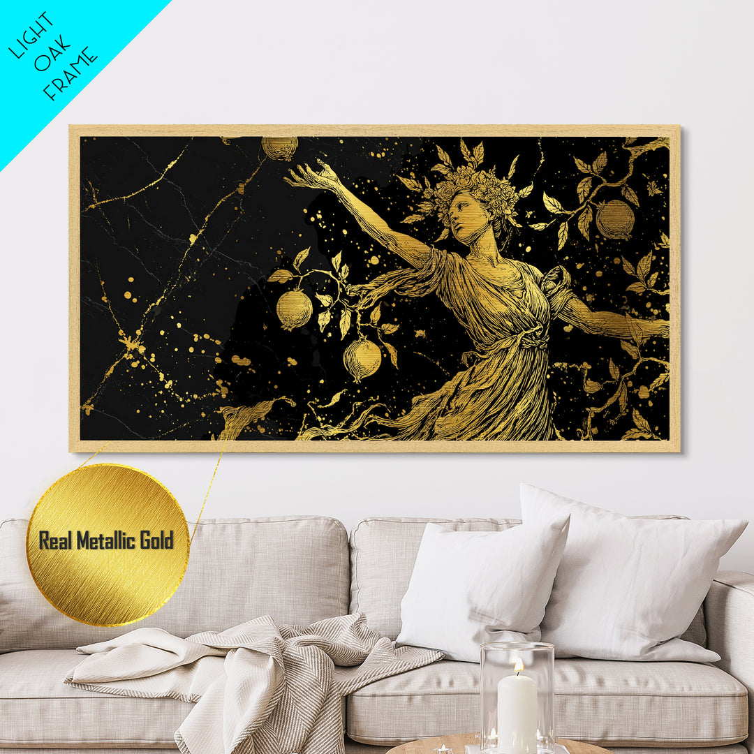 Persephone Metallic Gold Metal Print, Greek Goddess Wall Art, Luxury Mythology Decor, Real Wood Frame Artwork, Elegant Harvest Goddess