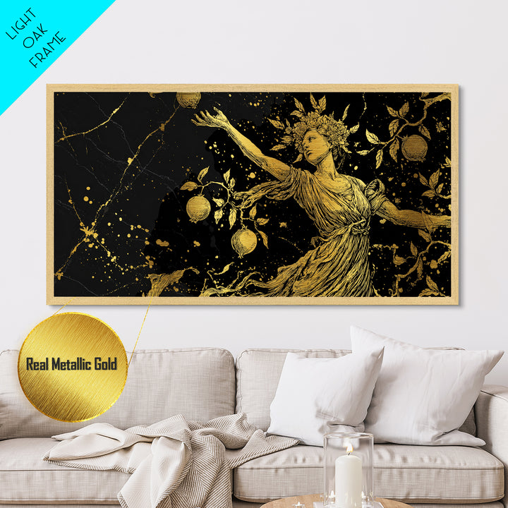 Persephone Metallic Gold Metal Print, Greek Goddess Wall Art, Luxury Mythology Decor, Real Wood Frame Artwork, Elegant Harvest Goddess