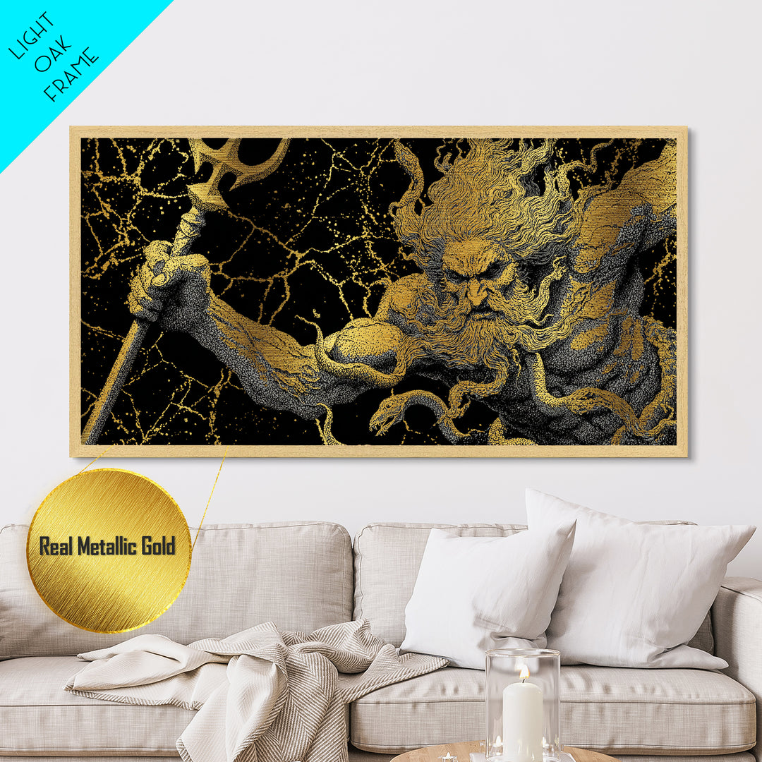 Poseidon Greek God Of The Sea Metallic Gold Metal Print, Mythology Wall Art, Real Wood Frame, Ocean Decor, Nautical Gift