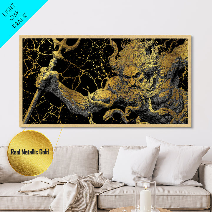 Poseidon Greek God Of The Sea Metallic Gold Metal Print, Mythology Wall Art, Real Wood Frame, Ocean Decor, Nautical Gift