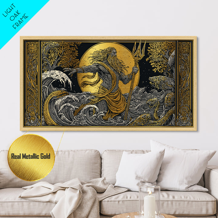 Poseidon Ocean Power Metallic Gold Art, Greek God Metal Print, Sea Mythology Wall Decor, Real Wood Frame, Coastal Gift