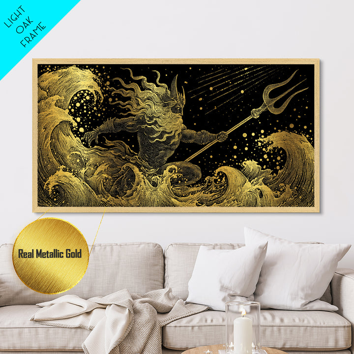 Poseidon Sea Serpent Battle Metallic Gold Metal Print, Greek Mythology Wall Art, Real Wood Frame, Ocean Lover Gift