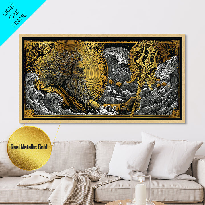 Poseidon Ocean Waves Metallic Gold Art, Greek God Metal Print, Sea Mythology Wall Decor, Real Wood Frame, Nautical Gift