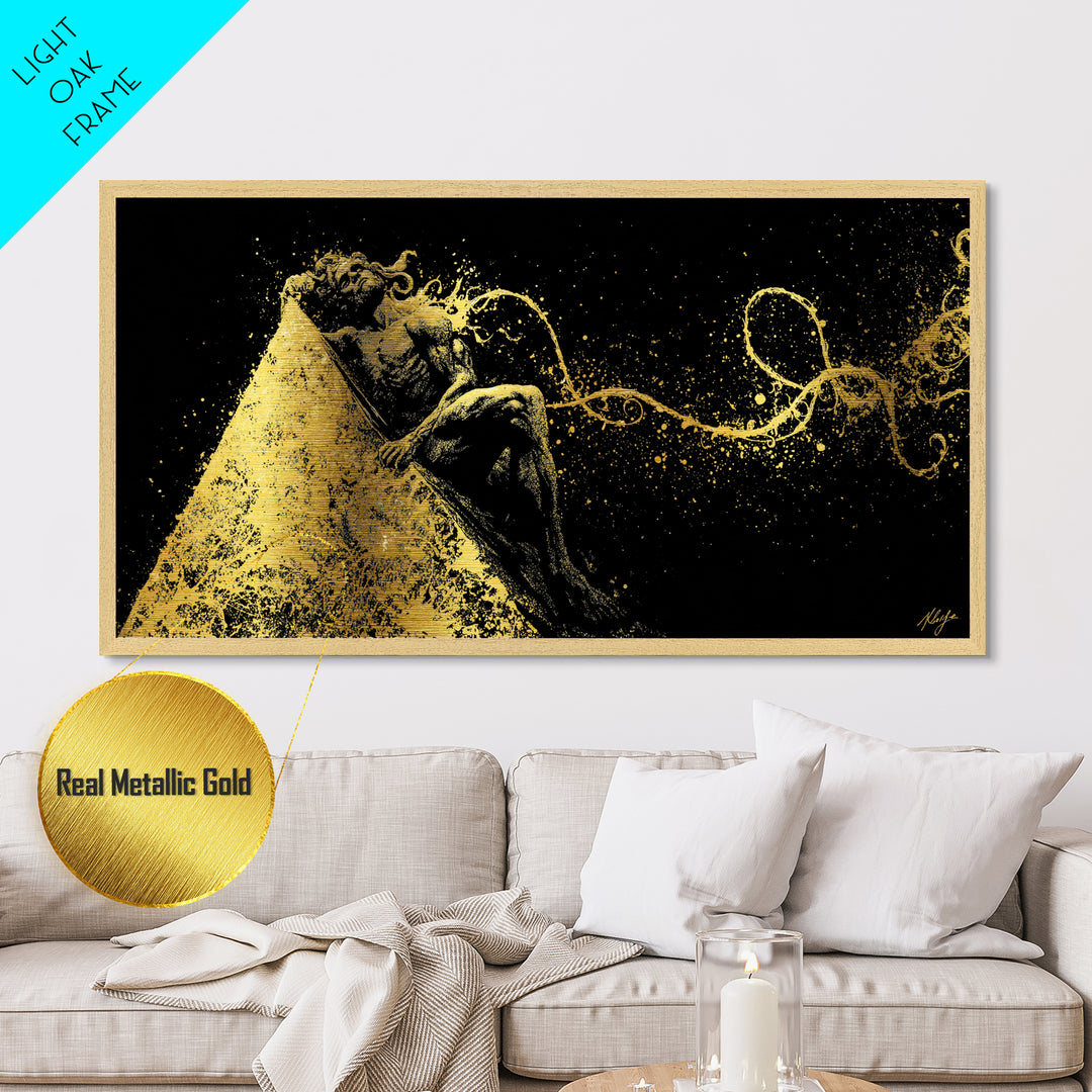 Prometheus Bound Metallic Gold Art, Greek Mythology Metal Print, Real Wood Frame, Titan Wall Decor, Dramatic Art Gift